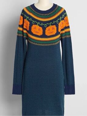 ModCloth Cozy Commitment Fair Isle Sweater Dress in Pumpkins Jack-O-Lanterns